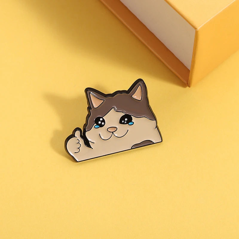 Thumb Up Crying Cat Enamel Pin Kawaii Humorous Animal Brooch Lapel Backpack Badge Funny Jewelry Gifts For Cat Lovers Friends Pi-Mart