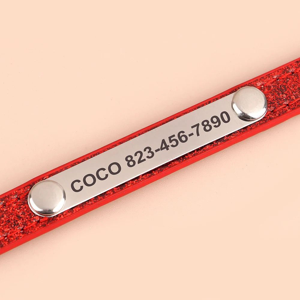 Personalized Cat Collar Custom Leather Cat Collars Free Engraved Puppy Kitten ID Necklace Bling Pet Collars for Small Dogs Cats Pi-Mart