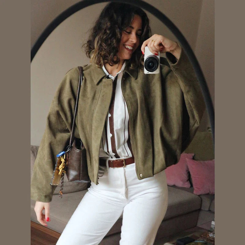 HXAO Women's Bomber Jacket Lapel Long Sleeve Zipper Suede Jacket Women 2025 High Street Cropped Racing Jackets Coats Outerwears LadyShow.Store