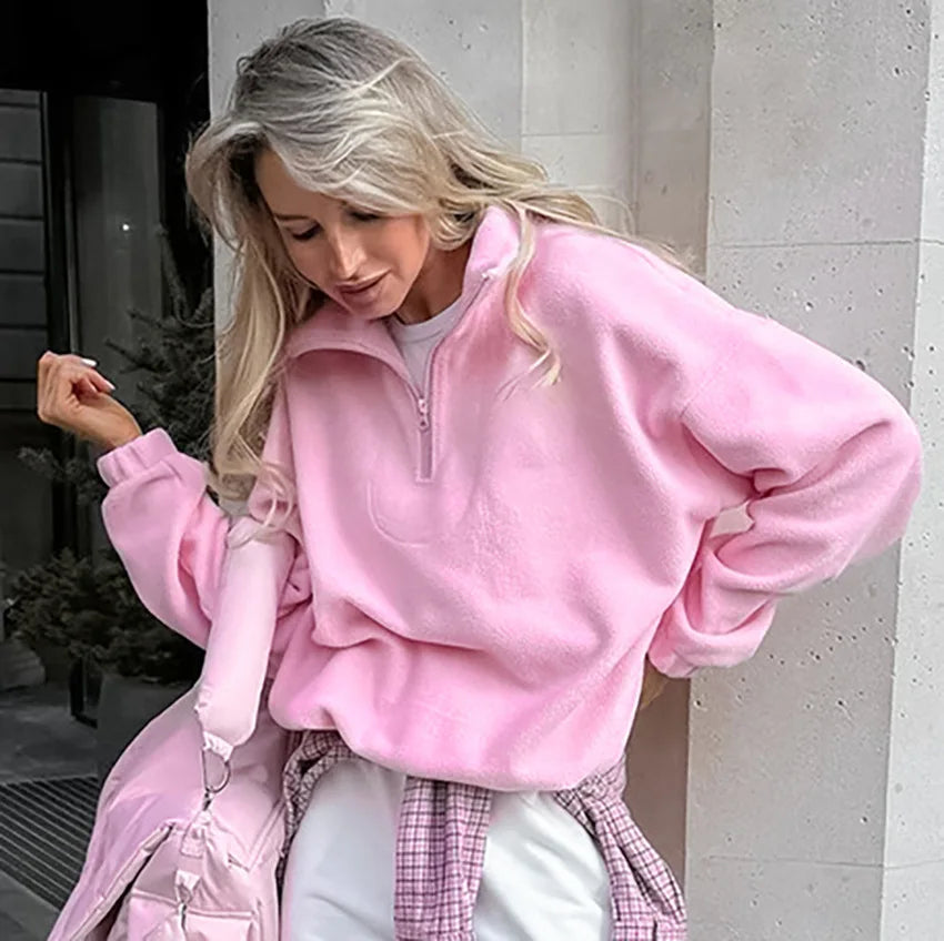 Women Autumn Winter Fleece Hoodies Elegant Stand Collar Zipper Loose Sweatshirt Elegant Solid Pullover Casual Top Streetwear LadyShow.Store