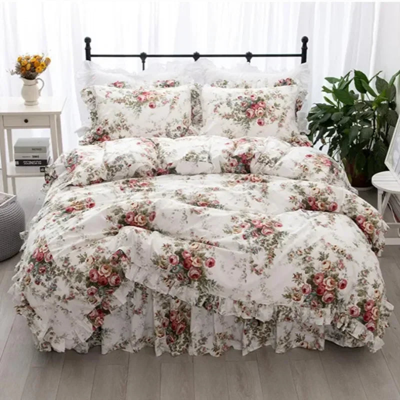 Garden Flower Print King Size Bedding Set Ruffle Duvet Cover Bed Sheet Princess Bed Linens Bedding Set Queen Comforter Sets LadyShow.Store