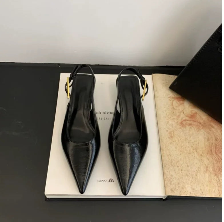 2025 Summer New Women Sandal Fashion Pointed Toe Shallow Slip on Ladies Elegant Slingback Shoes Thin Med Heel Dress Mules Pumps LadyShow.Store