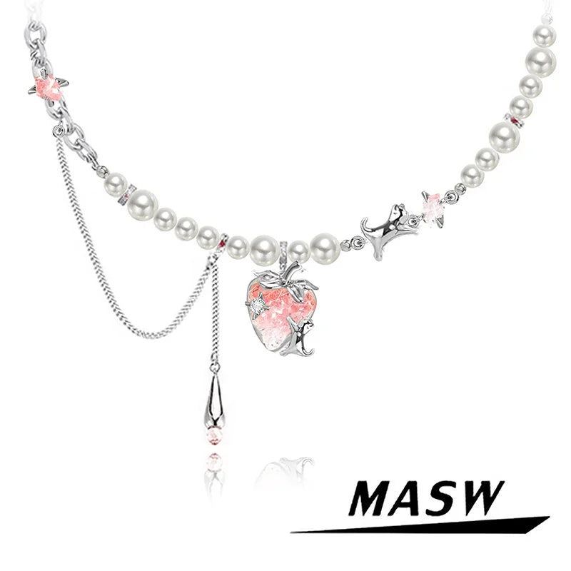 MASW Original Design Elegant Temperament Pink Strawberry Pendant Necklace For Women Wedding Gifts Modern Jewelry Accessories Pi-Mart
