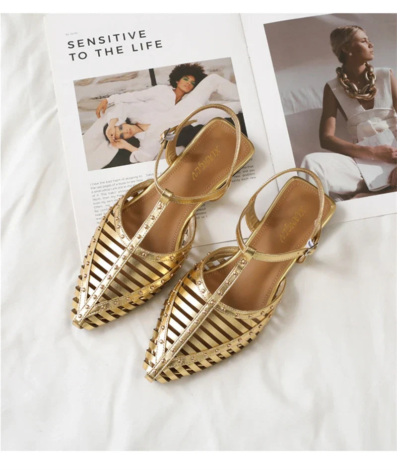 ZAROY Designer Narrow Band Flat Sandals Women Summer Point Toe Ankle Buckle Hollow Roman Sandal Plus Size Casual Beach Sandalias LadyShow.Store