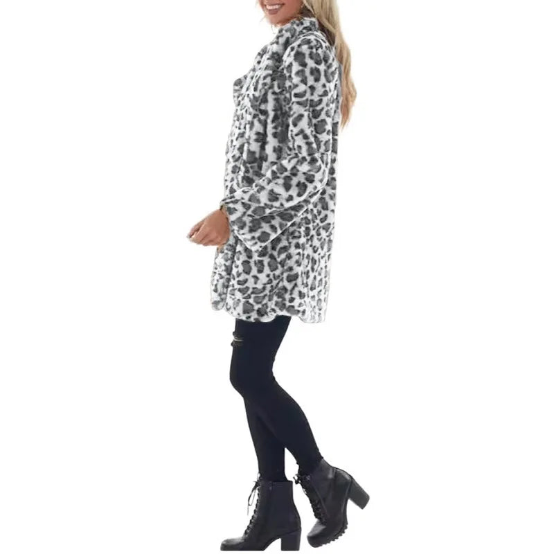 Women Winter Warm Faux Fur Coat Fashion Casual Turn-down Collar Leopard Jackets Ladies Streetwear Long Sleeve Pockets Overcoats LadyShow.Store
