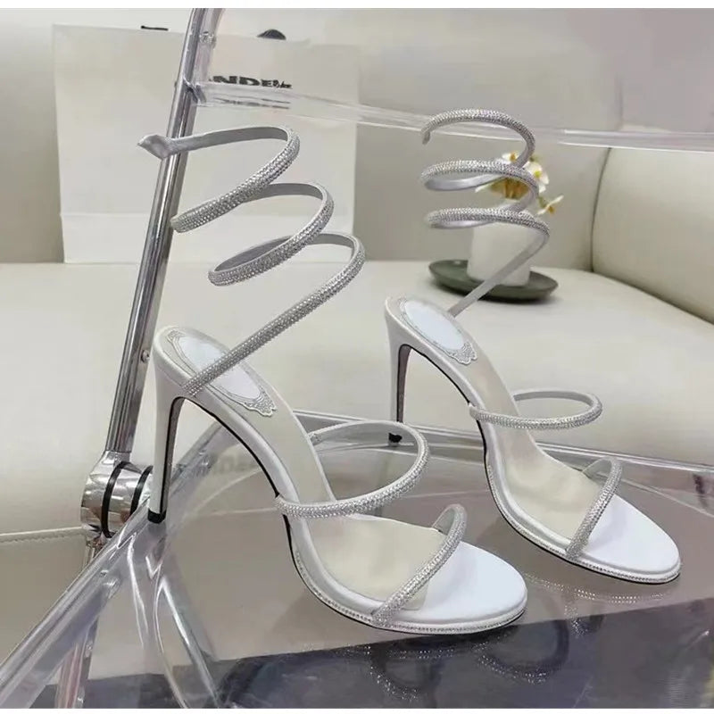 Fashion Summer Snake Twine Around Crystal Women Sandals Luxury Rhinestones Thin High heels Gladiator Sandals  Party Prom Shoes Pi-Mart