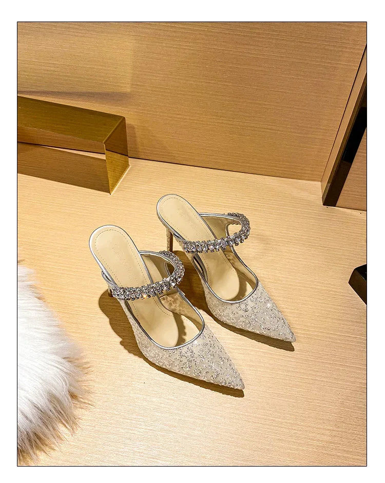 New Fashionable Thin Heel Pointed Water Diamond Mesh Hollow Sandals with Design Sense Half Dragged Muller Shoes ForOuterwear Pi-Mart