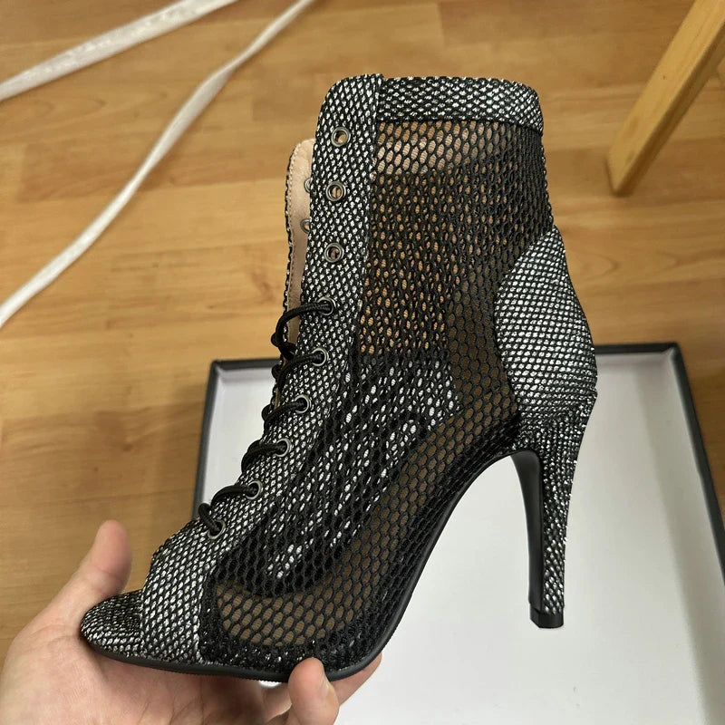 New Sexy High Heels Hollow Mesh Sandals Summer Fashion Trend Comfort Peep Toe Boots Stilettos Jazz Dance Female Shoes Plus Size LadyShow.Store