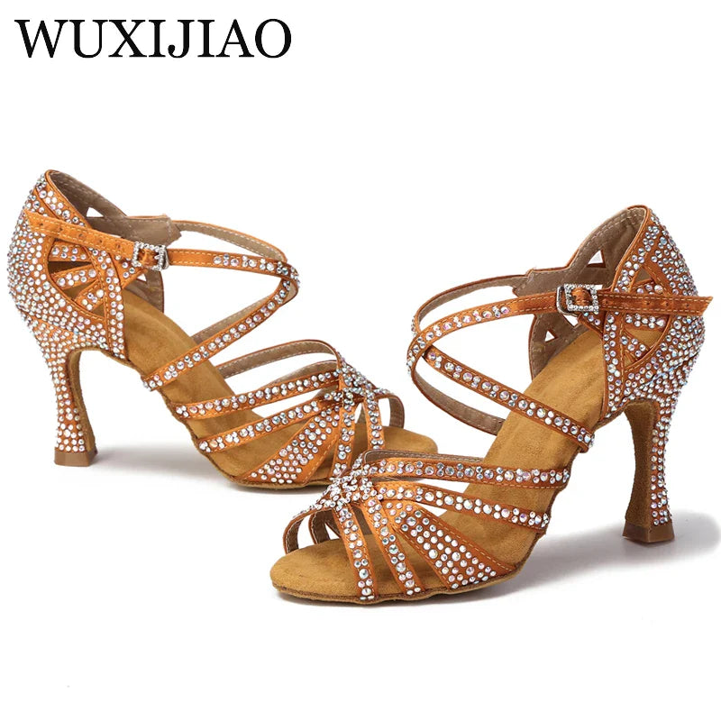 WUXIJIAO Women Party Dance Shoes Satin Shining rhinestones Soft Bottom Latin Dance Shoes Woman Salsa Dance Shoes heel LadyShow.Store