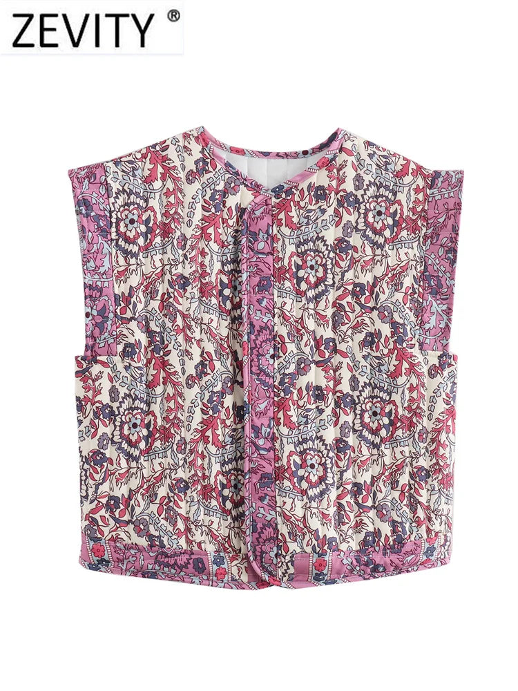 Zevity 2024 Women Vintage O Neck Patchwork Floral Print Quilted Cotton Vest Jacket Female Sleeveless Cotton WaistCoat Tops CT332 LadyShow.Store