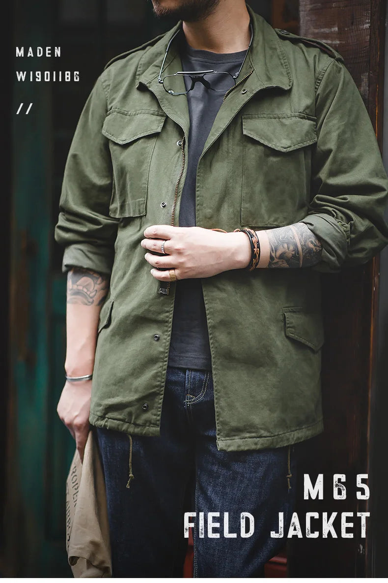 Maden Retro M65 Jackets for Men Green Outdoor Windbreaker Vintage Casual Solid Coat Mens Clothes Multi-Pocket Jacket Pi-Mart