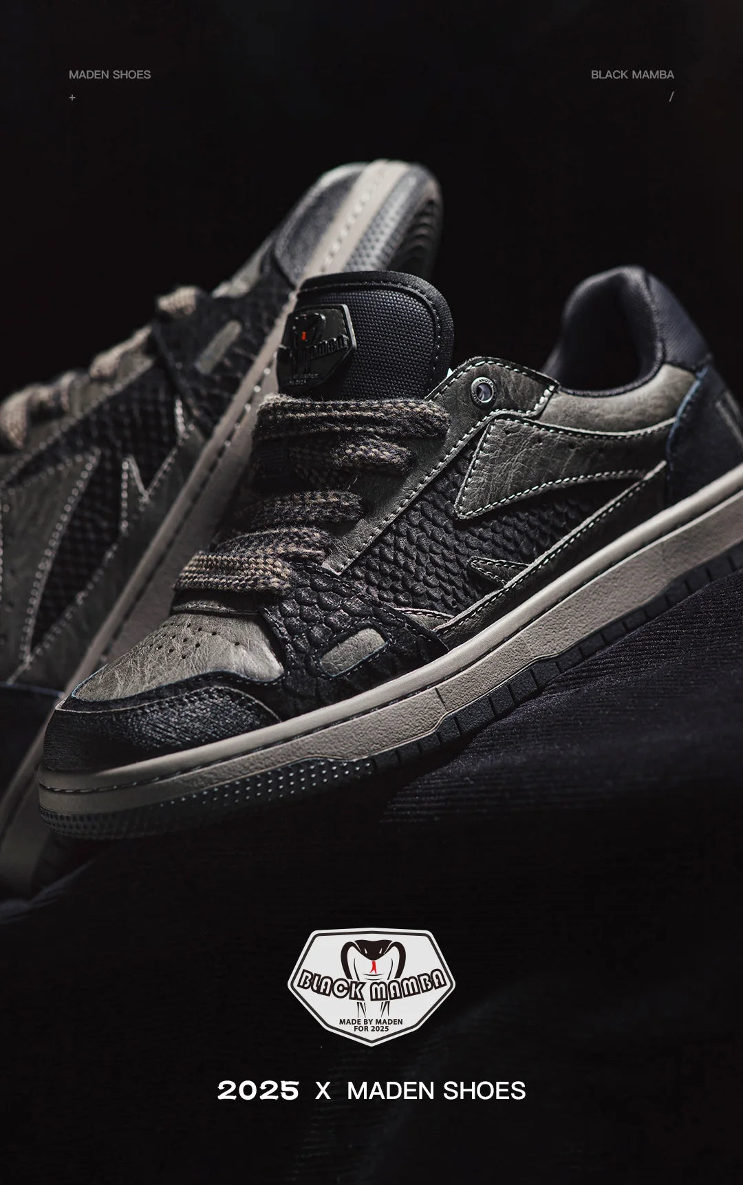 Maden Casual Snake Year Black Mamba Men's Sneakers Low-Top Flat Sole Versatile Black Shoes for Spring Autumn Skateboarding Shoes Pi-Mart