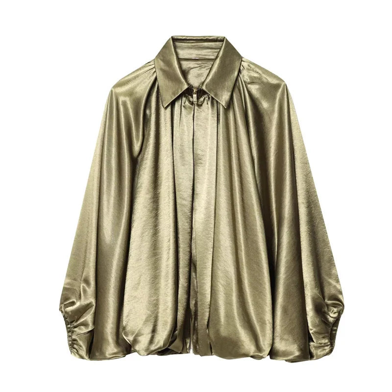 Women's Bomber Jacket Long Sleeve Pleats Street Wear With Zipper Green Beige Vintage Oversize Zip Up Casual Summer Jacket female LadyShow.Store
