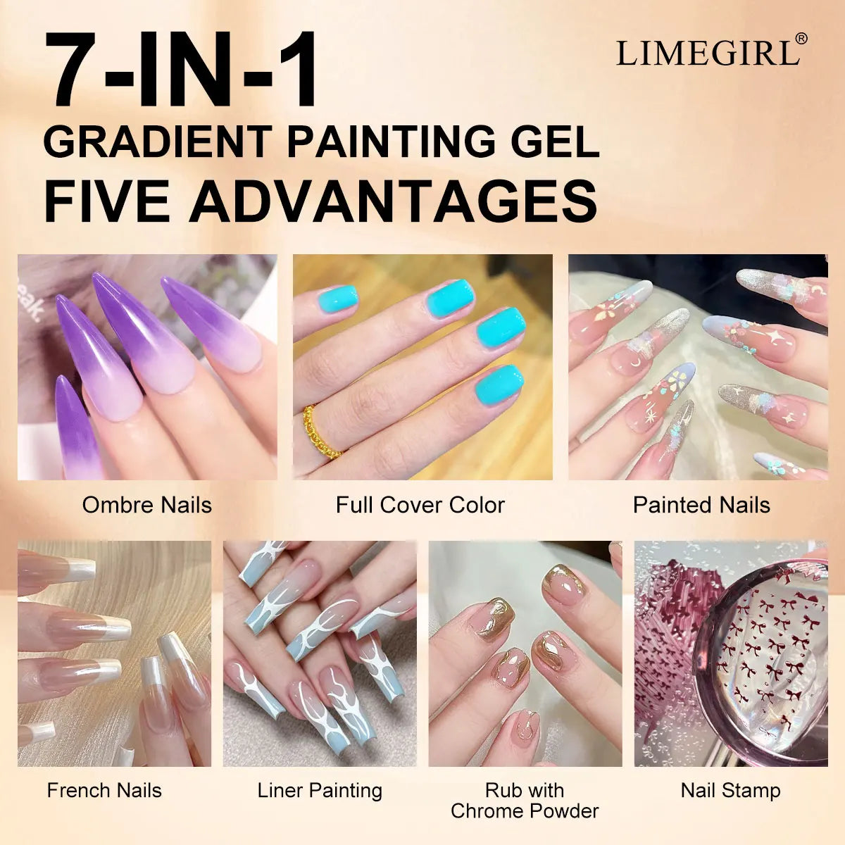 LIMEGIRL 7in1 Nail Gradient Painting Gel Long-lasting Nail Gel Polish Hybrid Color Nail Art Design High Texture Gradient Gel Tri Light Beauty