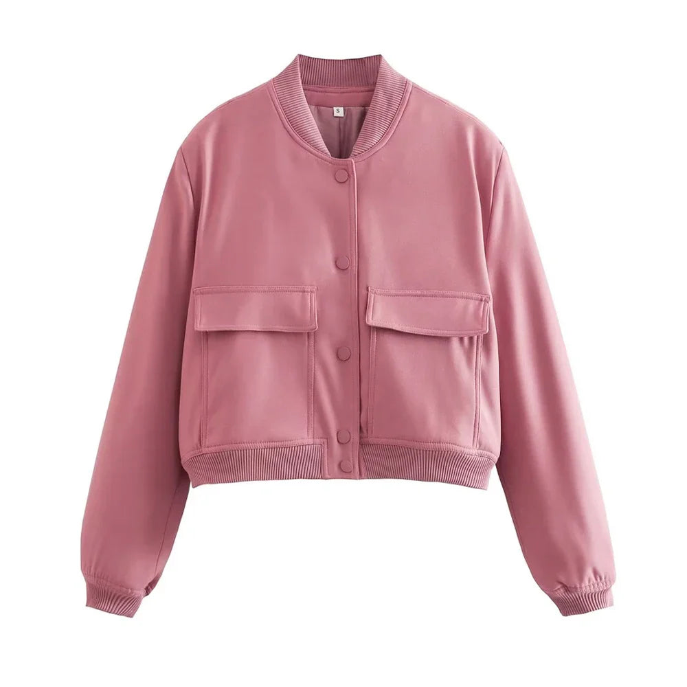 Women Fashion With Pockets Bomber Jacket Coats Vintage Long Sleeve Front Button Casual Female Outerwear Chic Tops LadyShow.Store