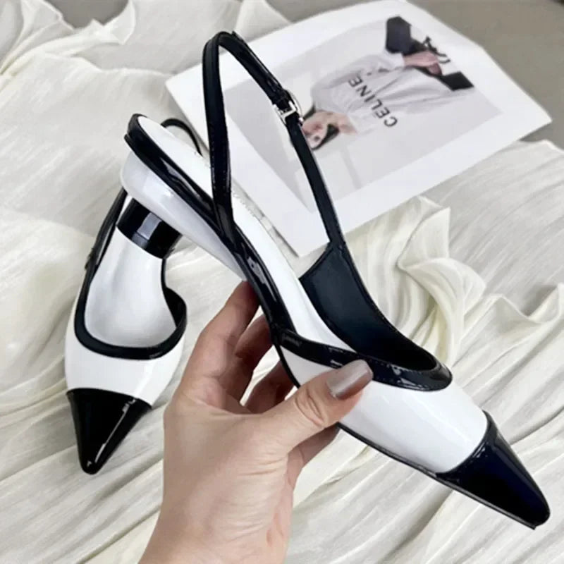 Designer Black White Mixed Color Low Heeled Sandals Women Sexy Pointed Toe Slingbacks Chunky High Heels for Women Elegant Heels LadyShow.Store