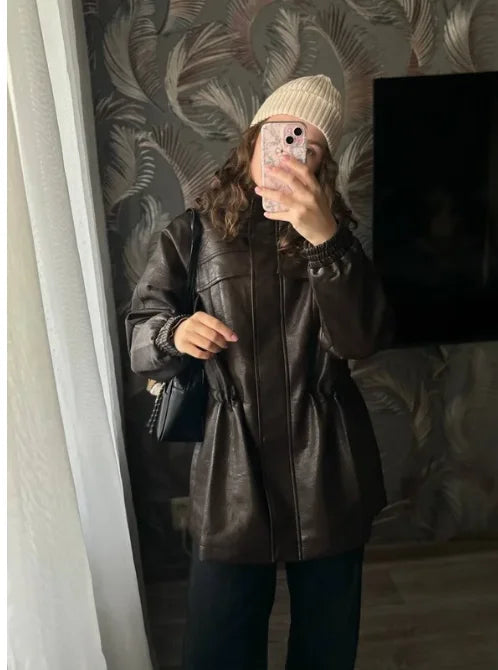 Women Fashion 2025 Fall / Autumn Pu Leather Jacket with Elastic adjustable waist Female Coat and Outerwear LadyShow.Store