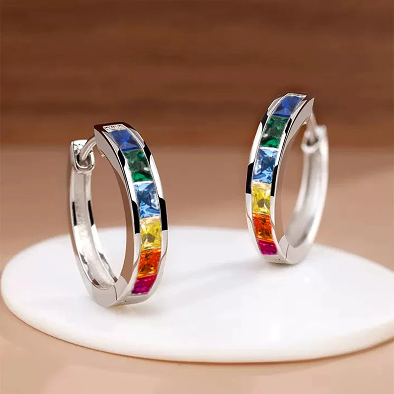 Huitan Hoop Earrings with Princess Cubic Zirconia Exquisite Ear Circle Earrings for Women Silver Color Fashion Versatile Jewelry Pi-Mart