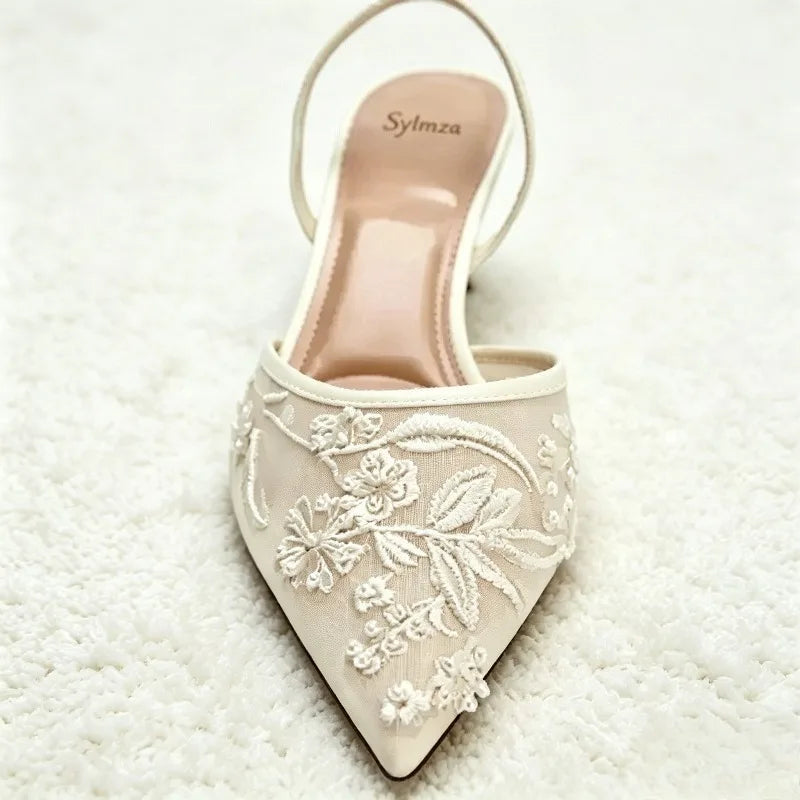Elegant Mesh Embroidered Flowers Designer Heeled Sandals Women 2025 Summer Sexy Slingback Pointed Toe Thin High Heels Dress Shoe LadyShow.Store
