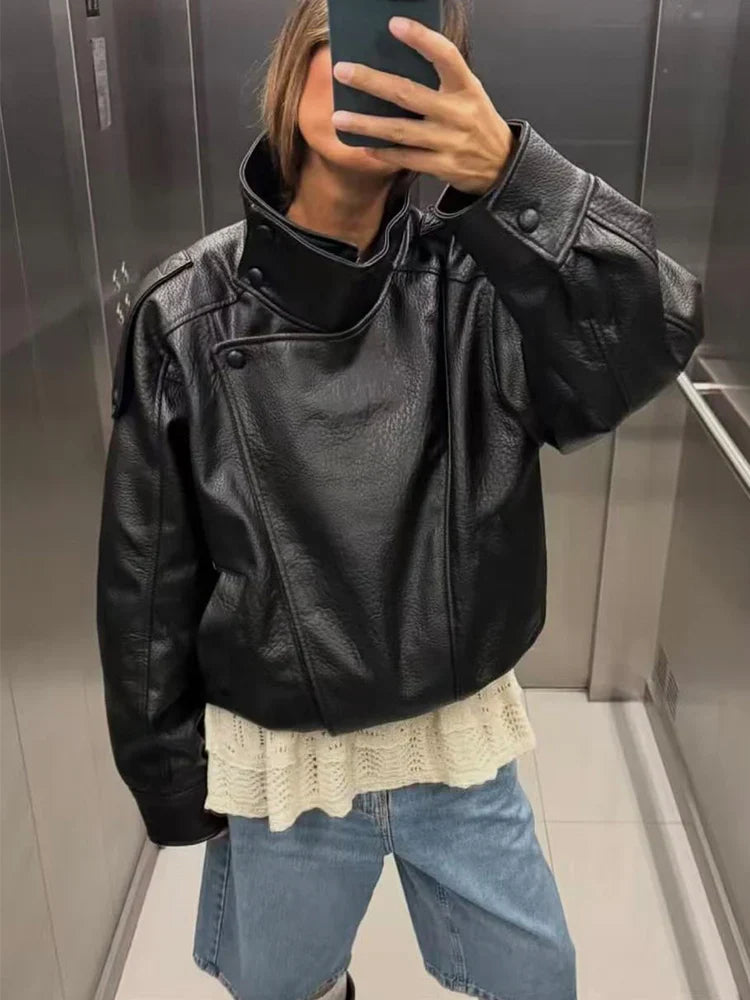 Women Fashion Leather Jacket Autumn Winter Loose Causal PU Faux Leather Jackets Coat Fashion Street Motorcycle Jackets LadyShow.Store