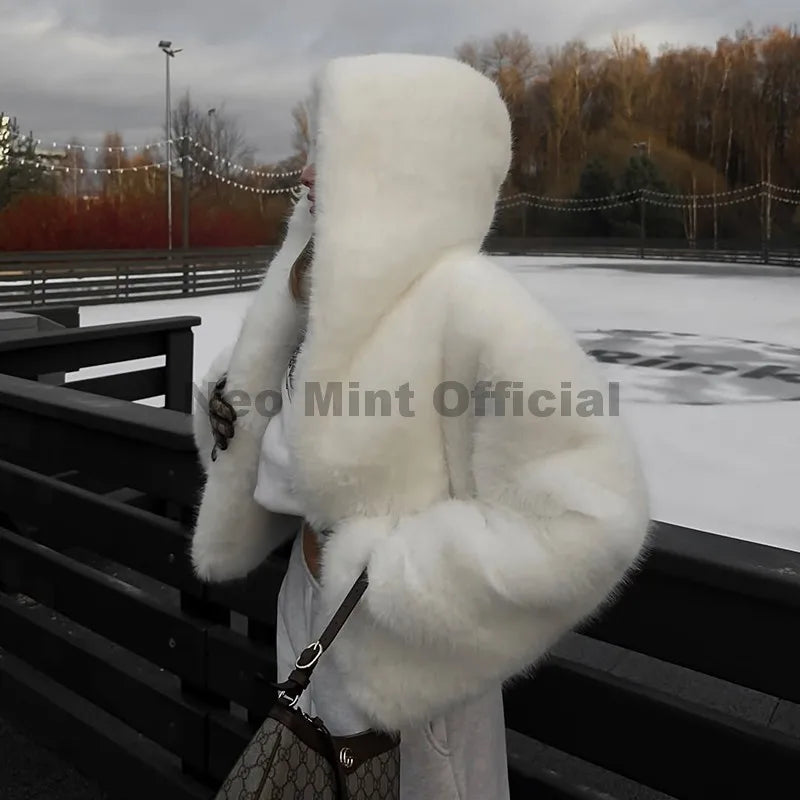Neo Mint Winter 2025 Pure White Mountain Fashion Hooded Cropped Faux Fur Coat Women Fluffy Eco Fox Fur Jacket Girls Hot Overcoat LadyShow.Store