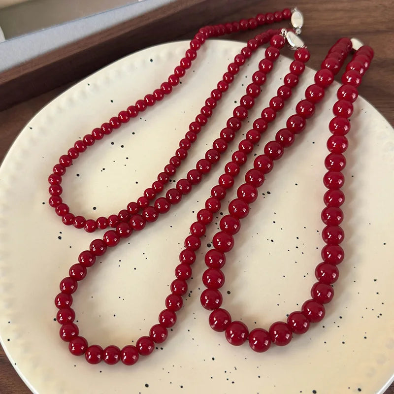 Handmade Vintage Chinese Style Glass Bead Necklace with Antique Red Glass Beads and Gold Coin Closure, Versatile Neckpiece Pi-Mart
