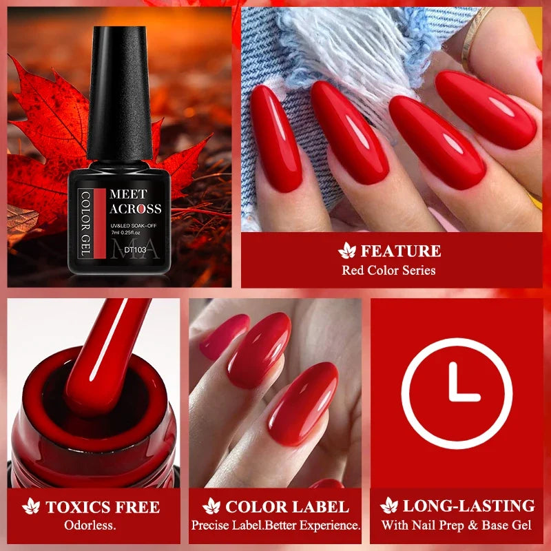 MEET ACROSS 7ml Red Gel Nail Polish Crystal Semi Permanent Soak Off UV Gel Varnish Nail Art Manicure Base Matte Top Coat Vernis Tri Light Beauty