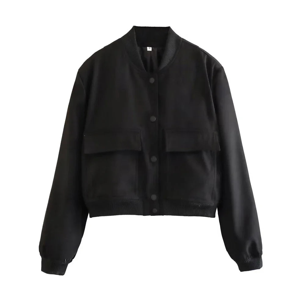 Women Fashion With Pockets Bomber Jacket Coats Vintage Long Sleeve Front Button Casual Female Outerwear Chic Tops LadyShow.Store