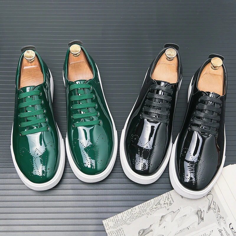 Spring Autumn Leather Shoes High Quality Patent Leather Casual Shoes Lace Up Sneakers Green Fashion Sole Designer Leather Shoes Pi-Mart
