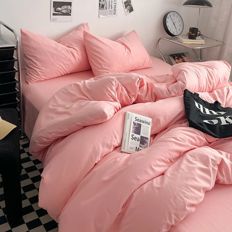 Washed Cotton Bed Linen Bedding Set 4 Pieces Bed Sheets Set Solid Color Comforter Cover Couple Queen King Size Bed Quilt Cover LadyShow.Store