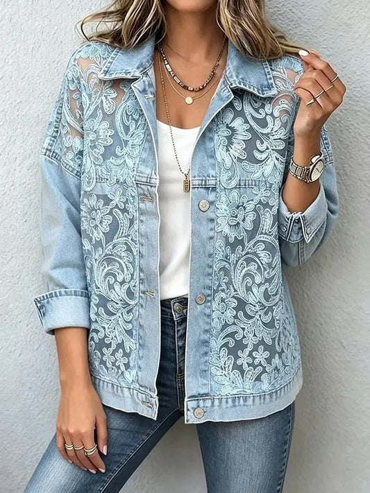 2026 New Women Lace Spliced Denim Jacket Loose Casual Lapel Long Sleeve Single Breasted Short Coat Fashion Streetwear Outerwear LadyShow.Store