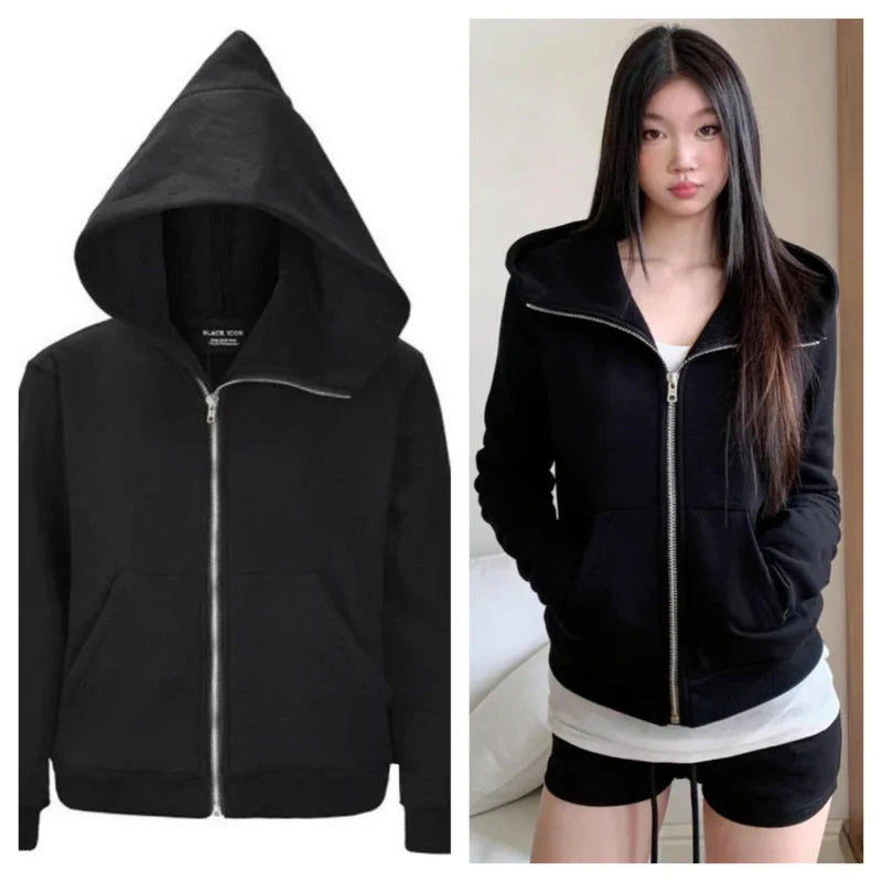 American Vintage Hooded Long Sleeve Jacket Women Autumn Winter Casual Slim Cardigan Top Harajuku Solid Y2k Zipper Clothes 2025 LadyShow.Store