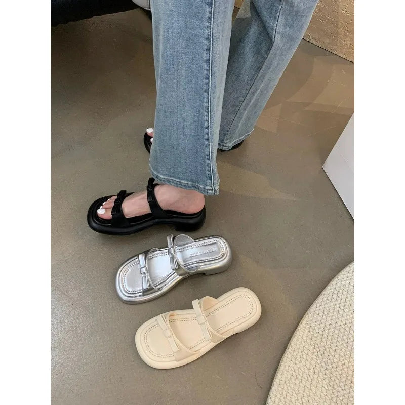New Summer Women's Slippers 2024 Stylish Peep-toe Low Heel Silver Women's Comfortable Beach Shoes Sapatilas LadyShow.Store