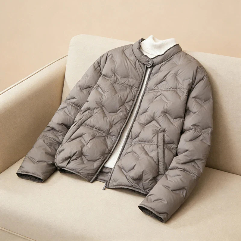 Schinteon Women White Duck Down Lightweight Puffer Quilted Jacket Stand Collar Fashion Autumn Winter Short Coat 2026 New LadyShow.Store