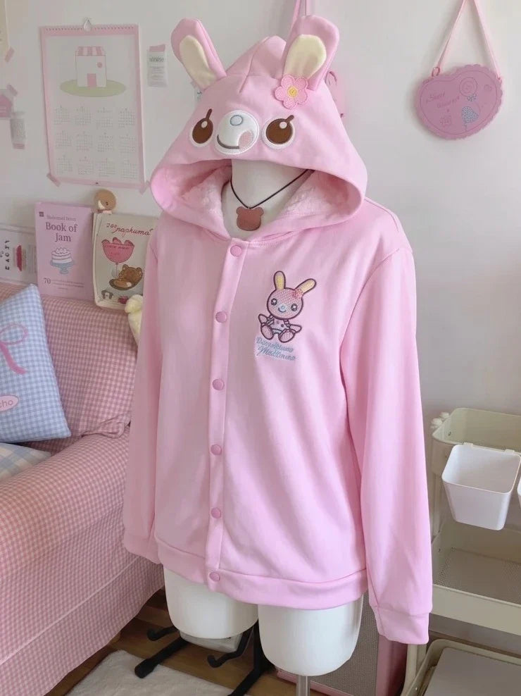 Japanese Cute Coat Embroidery Rabbit Ear Hooded Subculture Kawaii Y2k Tops Casual Fashion Sweet Coats Ropa Mujer Women Clothing LadyShow.Store