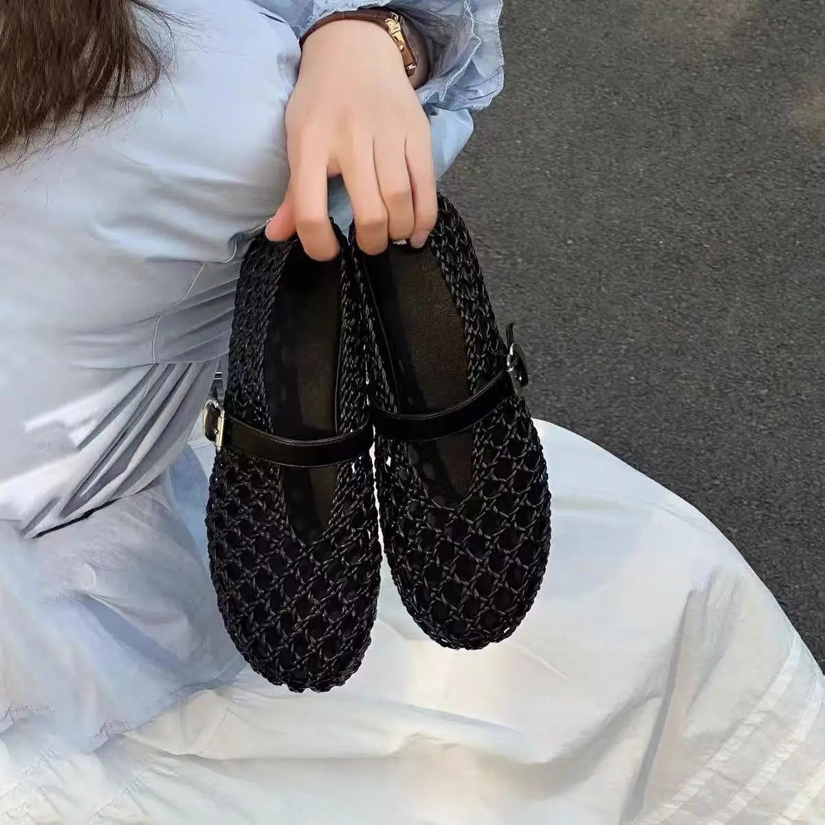 2026 Summer New Fashion Simple One-Buckle Vintage Flats for Women, Soft and Comfortable Ballet Shoes, Shallow Mouth Sandals Pi-Mart