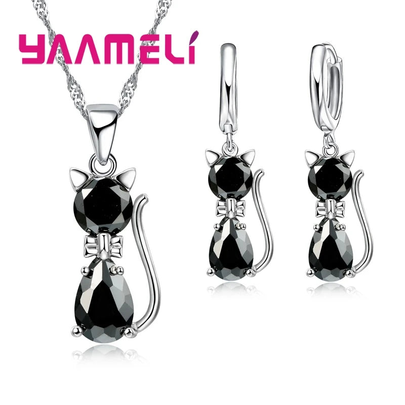 Real 925 Sterling Silver Color Jewelry Sets for Woman Girls Shining Austrian Crystal Cute Cat Pendant Necklace Huggie Earring Pi-Mart