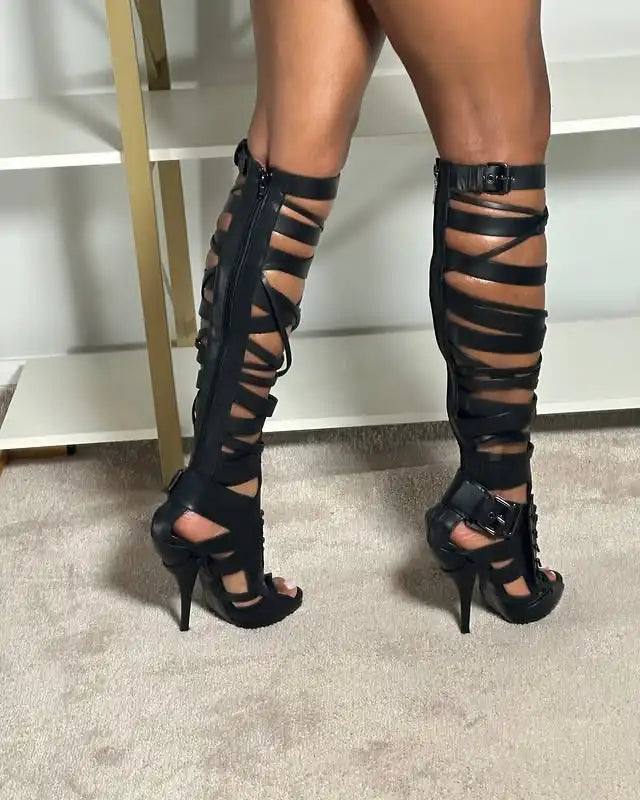 2026 Women Sandals Knee High Boots Cross Strap Hollow Fashion Elegant Sexy Women Shoes Newest Round Toe Thin Heels 4 Pi-Mart