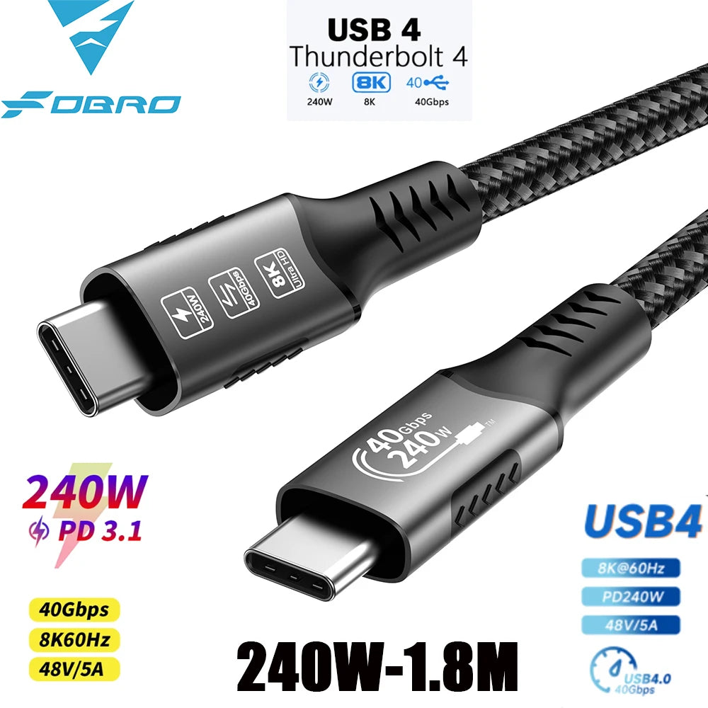 USB4 Cable 40Gbps 48V 240W For Thunderbolt 4 Type C Fast Charging Cable Thunderbolt3 USB C to C Data Transfer Cable For Laptop Pi-Mart