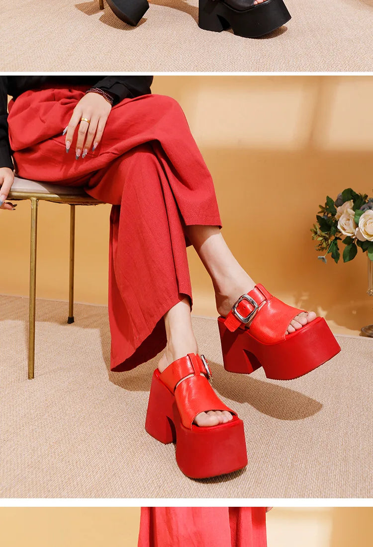 GKTINOO 2026 Summer New Genuine Leather Thick Soled Height Increasing Slippers Fashionable Women's Super High Heels Sandals Pi-Mart