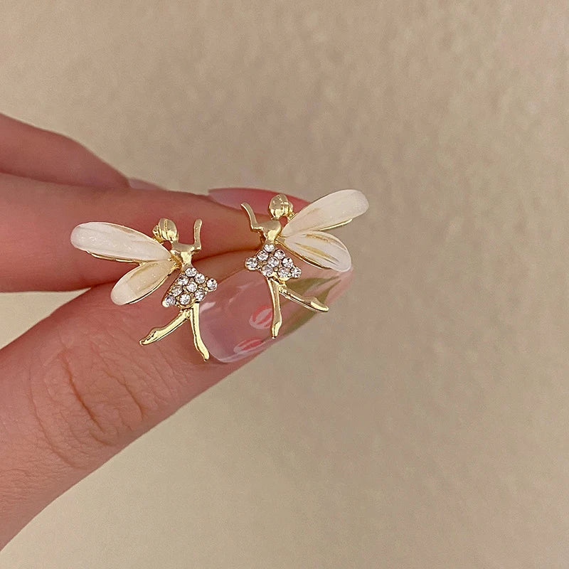 Trendy Girl Dancer Stud Earrings Crystal Acrylic Wings Angle Earrings for Women Korean Cute Sweet Jewelry Pi-Mart