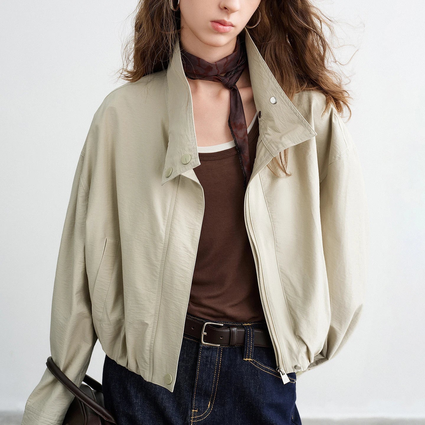 TOYOUTH Women Slub Cotton Jackets 2026 Spring New Cropped Tulip Silhouette Striped Cuff - Turn Up Stand Collar Tops LadyShow.Store