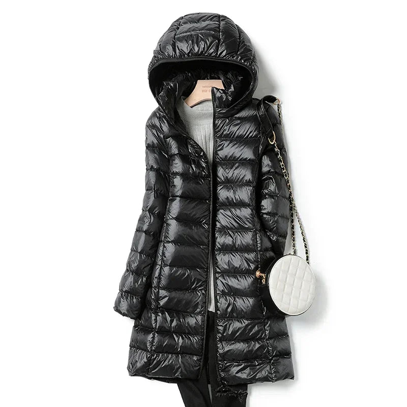 Plus Size Winter Womens Fashionable Outerwear Down Jackets Long Light Thin Coat Puffer Jacket Korean Slim Remove Hooded Parka LadyShow.Store
