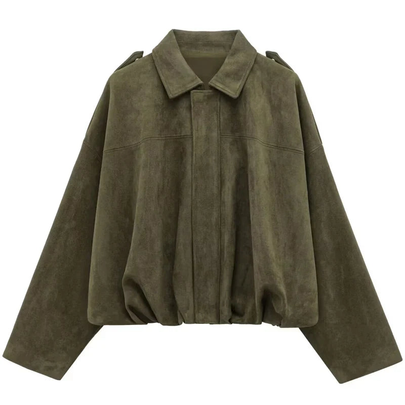 HXAO Suede Cropped Jacket Women's Bomber Jacket Oversized Batwing Sleeves Outerwears Lady Casual Loose Coat Street Style Jackets LadyShow.Store