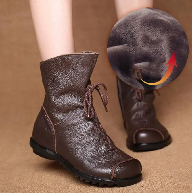 Genuine Leather Plush women's short Boots Retro Casual Autumn Winter Women Boots Waterproof warm Snow boots Plus Size 42 Pi-Mart