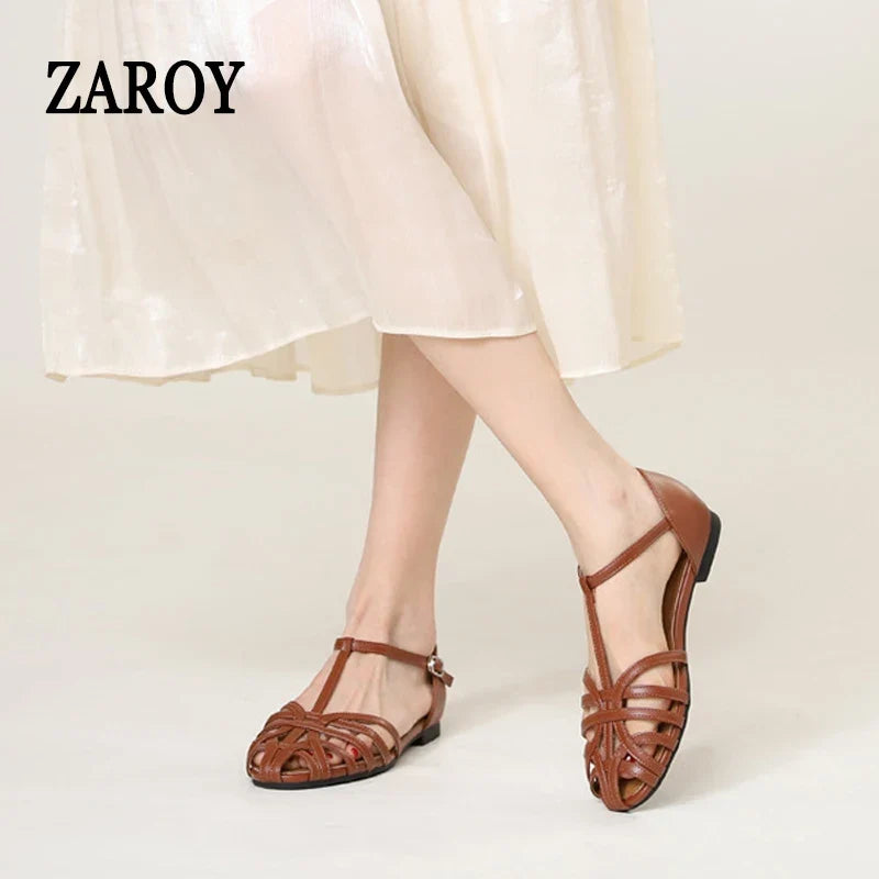 ZAROY Women's Sandals Summer Casual Footwear T-tied Cross Strap Flat Sandals Weave Hollow Roman Sandalia Zapatos сандали LadyShow.Store