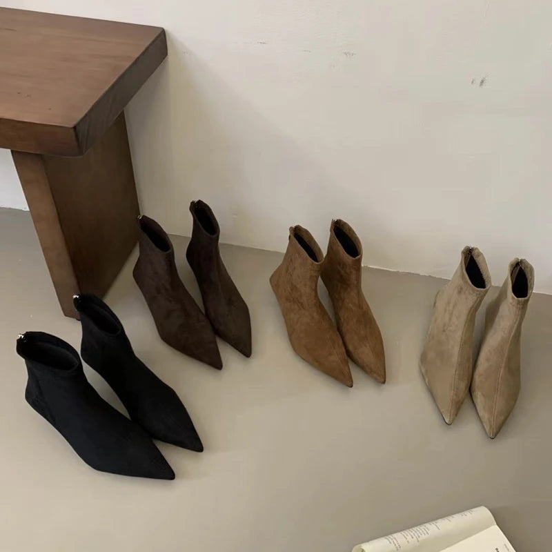 SUOJIALUN 2024 Winter New Brand Women Short Boots Fashion Pointed Toe Ladies Elegant Ankle Boots Thin High Heel Dress Pumps Shoe Pi-Mart