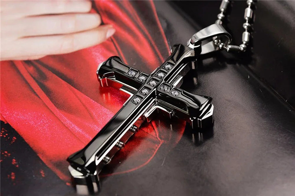 2024 New Male Crystal Cross Jesus Pendant Gold/Black/Blue Color Zirconia Cross Pendant Necklace Stainless Steel Jewelry Pi-Mart