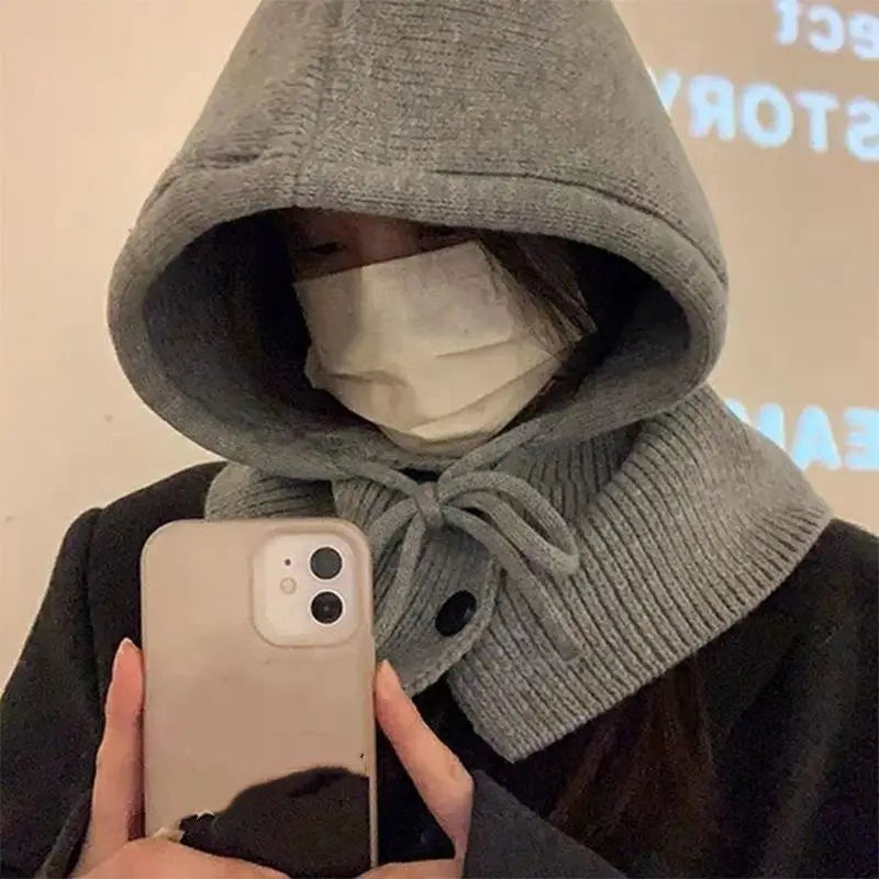 Winter Balaclava Hat Warm Knitted Women's Hood Hat Solid Color One-piece Neck Pullover Cap Outdoor Cashmere Caps Pi-Mart