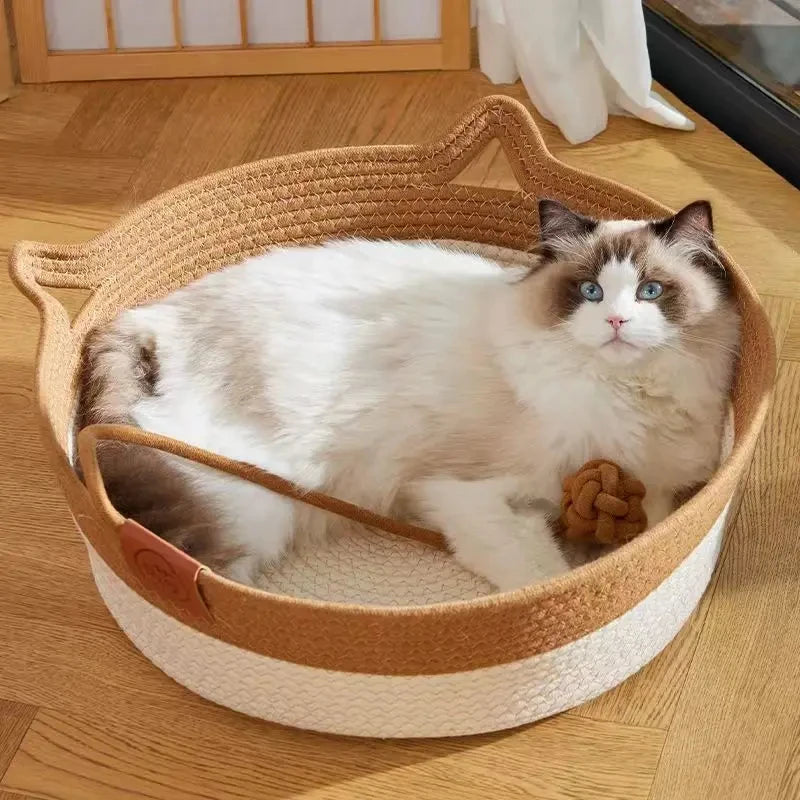 Pet Cat Bed Round Hand Woven Rattan Wear-resistant Cat Bed Summer Cooling Pet Bed Indoor Sleeping House Pet Products Accessories Pi-Mart